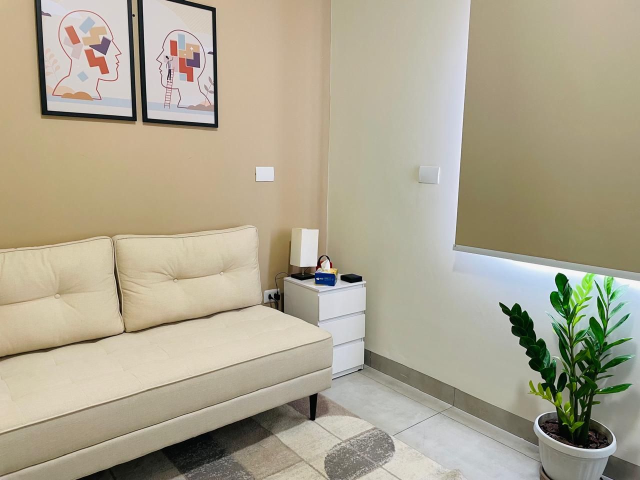 Consultório com sofá, planta e quadros